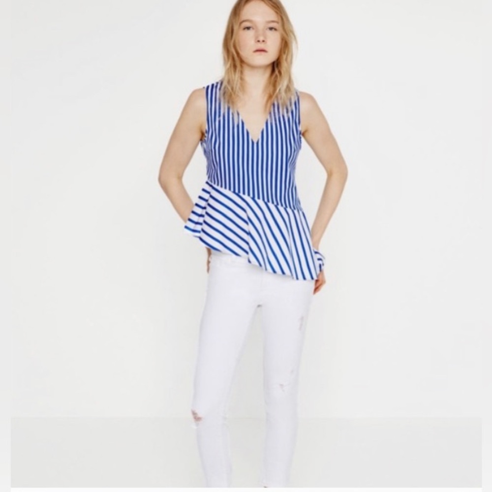 Zara Asymmetrical Blue and White Stripe Peplum Top | Size M